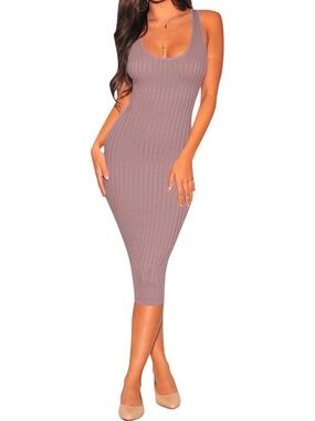 Women's Dusty Pink Scoop Neck Sleeveless Ribbed Knit Casual Bodycon Midi Dresses